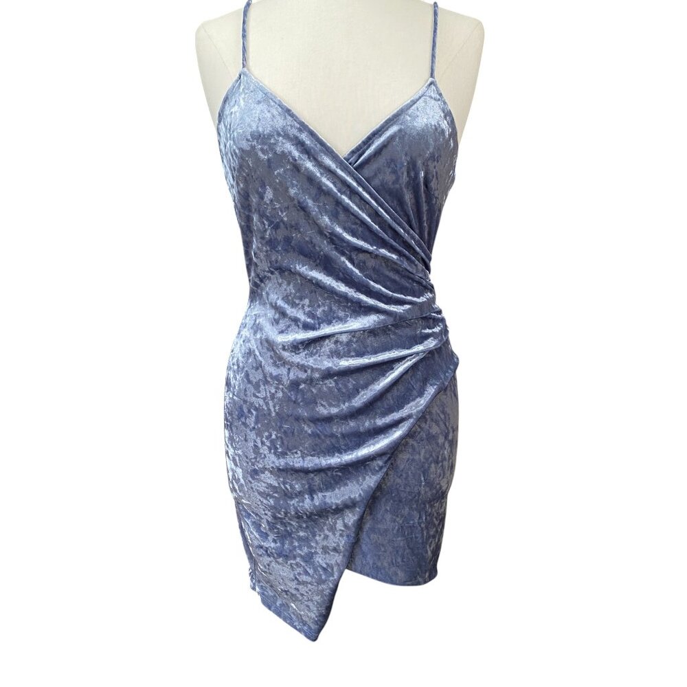 Velvet Y2K Ruched Asymmetrical Hem Bodycon Dress Strappy Ice Blue Whimsigoth-L
